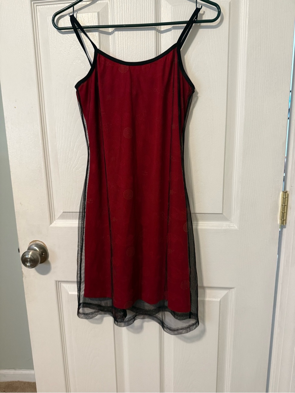 Vintage boho Red Slip Dress with Black Mesh Overlay